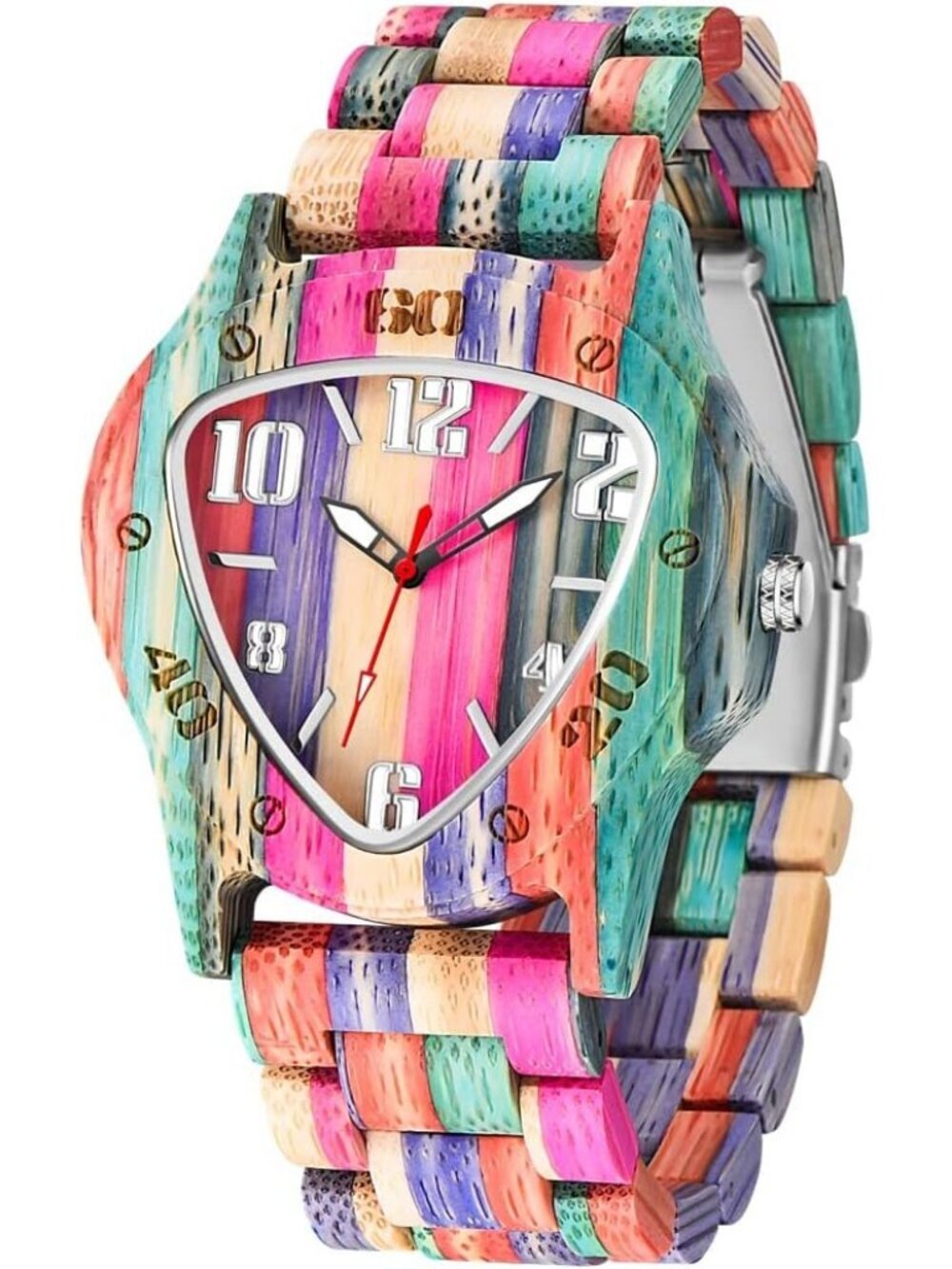 Men's Multi Color Analog Quartz Handmade Colorful Bamboo Triangle Wooden Watch
